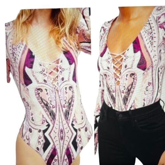 FREE PEOPLE Pick Place Bodysuit Ivory/burgundy, and multi coloring. - Picture 6 of 14